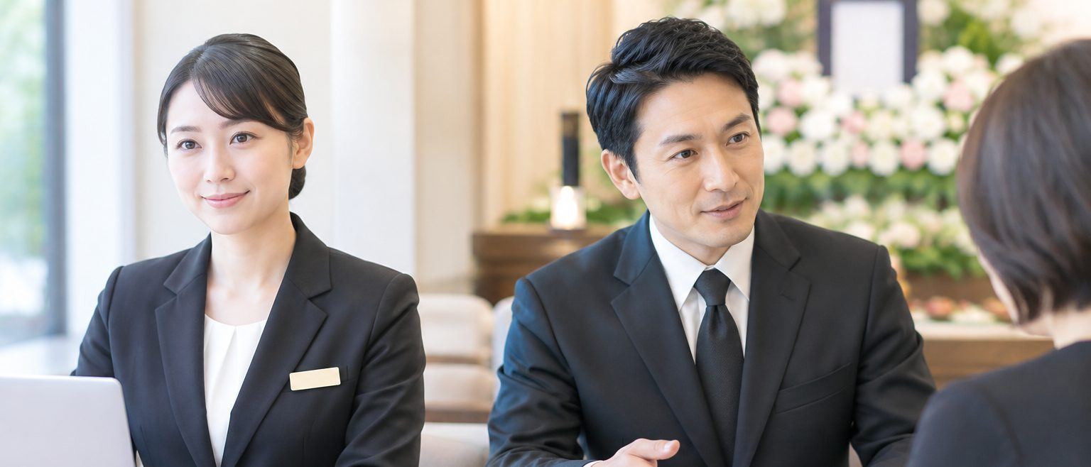 事前相談の様子：スタッフがご遺族に資料を見せながら説明している場面